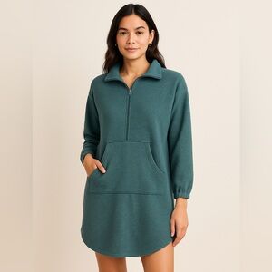 Moments Teal Fleece Half-Zip Pullover Dress Kangaroo Pocket Long Sleeves.Size S